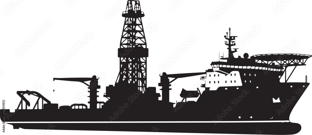 Obraz premium Oil rig ship, drilling platform, offshore vessel, black silhouetteffffffffff