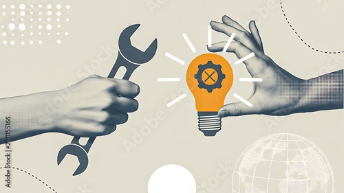 Creative teamwork concept with hands holding wrench and glowing idea lightbulb illustration 