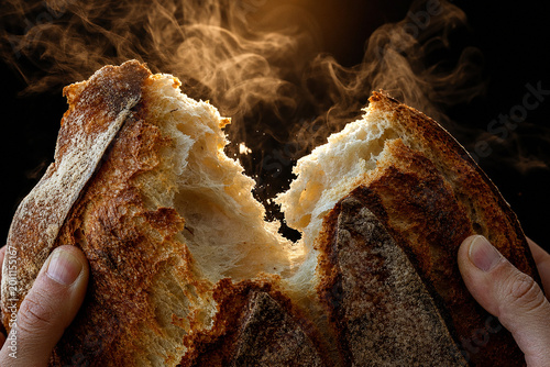 Close-up extreme macro shot of freshly baked sourdough bread being torn apart by two hands