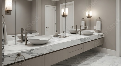 A modern bathroom interior featuring a dual vanity with large mirrors and elegant lighting fixtures