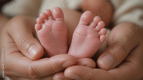 Gentle adult hands holding tiny newborn baby feet