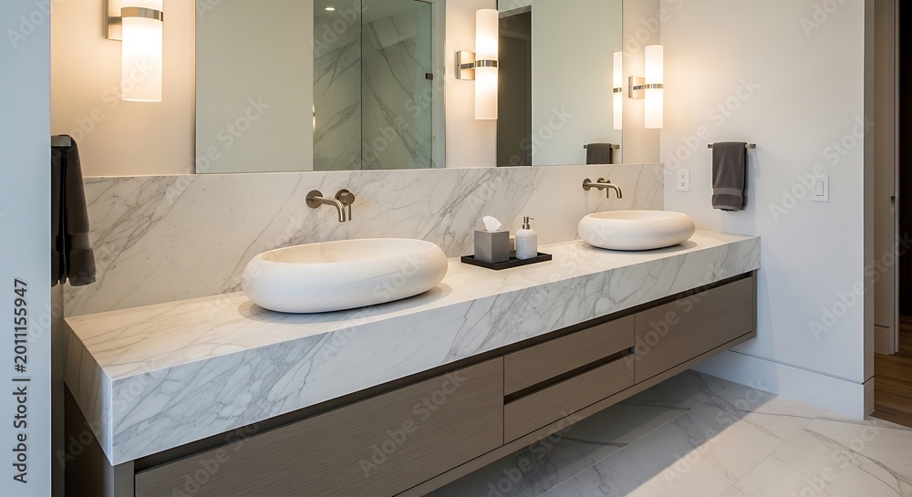 Fototapeta premium A modern minimalist bathroom featuring a sleek double vanity with stone countertops and mirrors