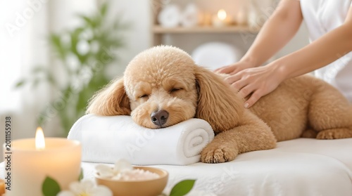 Adorable poodle dog enjoying a relaxing massage at a wellness spa