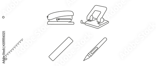 Professional vector icon set featuring essential office stationery including a heavy duty stapler, adjustable hole punch, steel ruler, and precision craft knife for workplace operations.