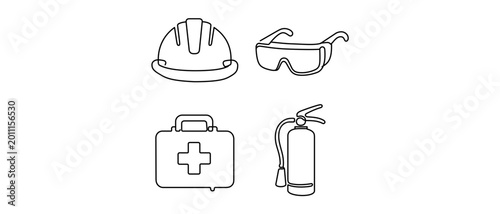 Collection of 4 icons for OSHA workplace safety training featuring hard hat, goggles, first aid kit, and fire extinguisher in a minimalist vector icon set with editable stroke for customization.