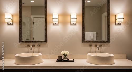 A modern bathroom vanity featuring twin vessel sinks and elegant mirrors on a warm colored wall