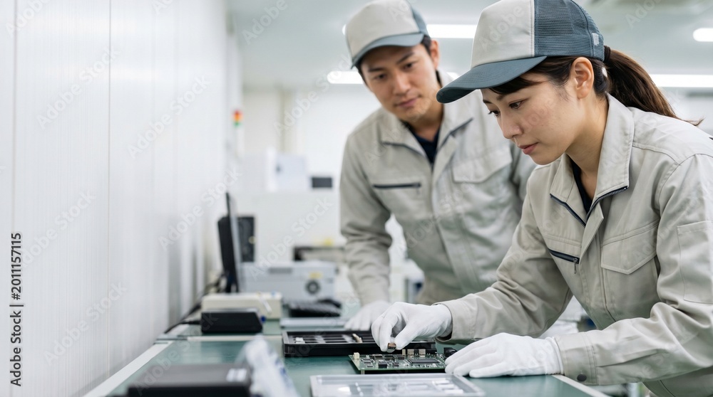 Naklejka premium 日本人製造業作業員の30代女性が精密機器の電子部品を基板に慎重に配置している横顔、後方で見守る男性エンジニアと清潔な工場の作業スペース