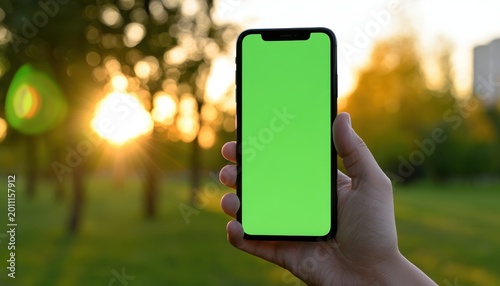 A person's hand holds a modern smartphone with a bright green screen for chroma key compositing, set against a blurred outdoor park background with golden sunset light and bokeh.