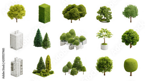 Isometric trees and modern building structures are presented in a collection for urban planning visualization.