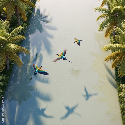 Emerald wings dance in the sun-dappled jungle stream.