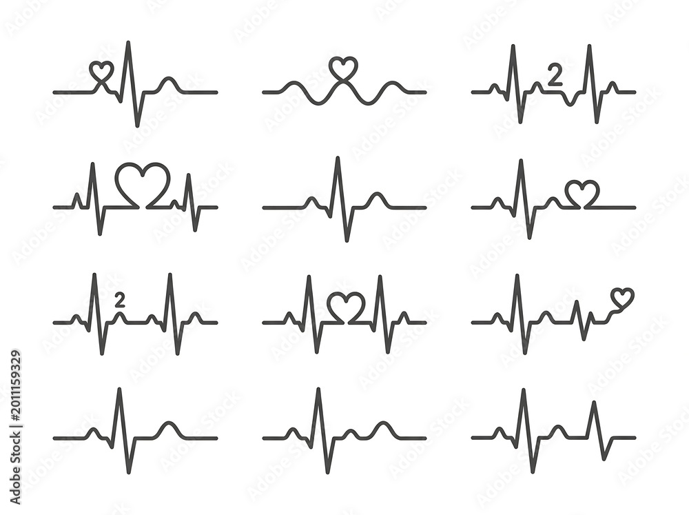 Obraz premium Heartbeat ecg ekg pulse line icons set with heart shapes