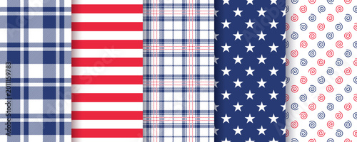 Patriotic seamless pattern. 4th July backgrounds. Set of geometric prints with stars, stripes and plaid. Blue red textures. Happy independence wrapping paper. Modern wallpaper. Vector illustration