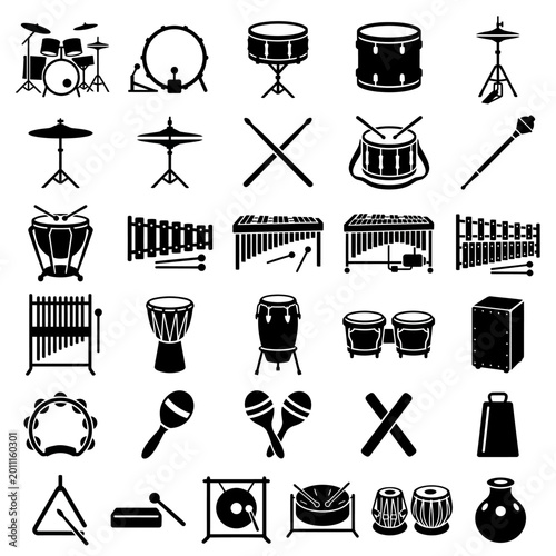 Foto Collection of black musical percussion instrument icons