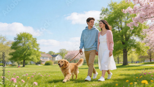 Happy young couple walking their golden retriever dog through a lush green suburban park on a vibrant spring afternoon with blooming cherry blossoms, blue sky, and peaceful neighborhood houses.