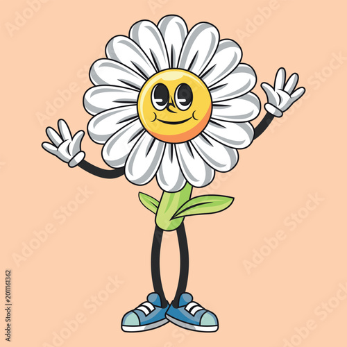Happy sun flower retro cartoon character