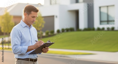 Obraz na płótnie Real Estate Agent Inspecting Property While Taking Notes on Clipboard