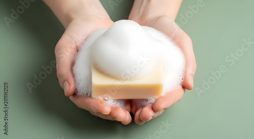 Hands Holding Bar of Soap with Bubbles and Lather on Green Background