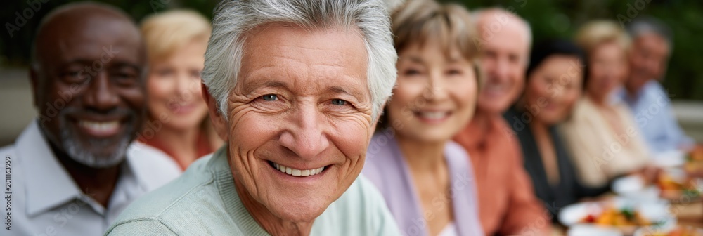 Obraz premium Older man smiling among friends at outdoor dining table