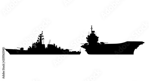 Tableau sur toile Warship silhouette on white background naval vessel profile