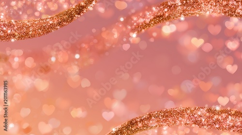 Abstract rose gold glitter background with soft bokeh heart shapes and flowing curved lines creating a romantic festive atmosphere for elegant celebrations and holiday greeting card designs