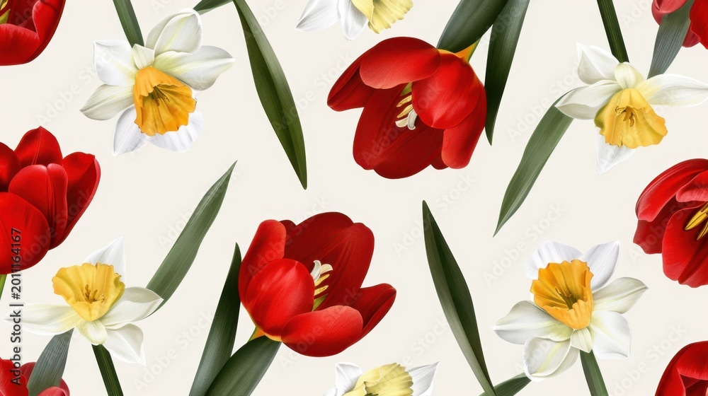 Obraz premium Floral Pattern with Red Tulips and White Daffodils on Soft Beige Background