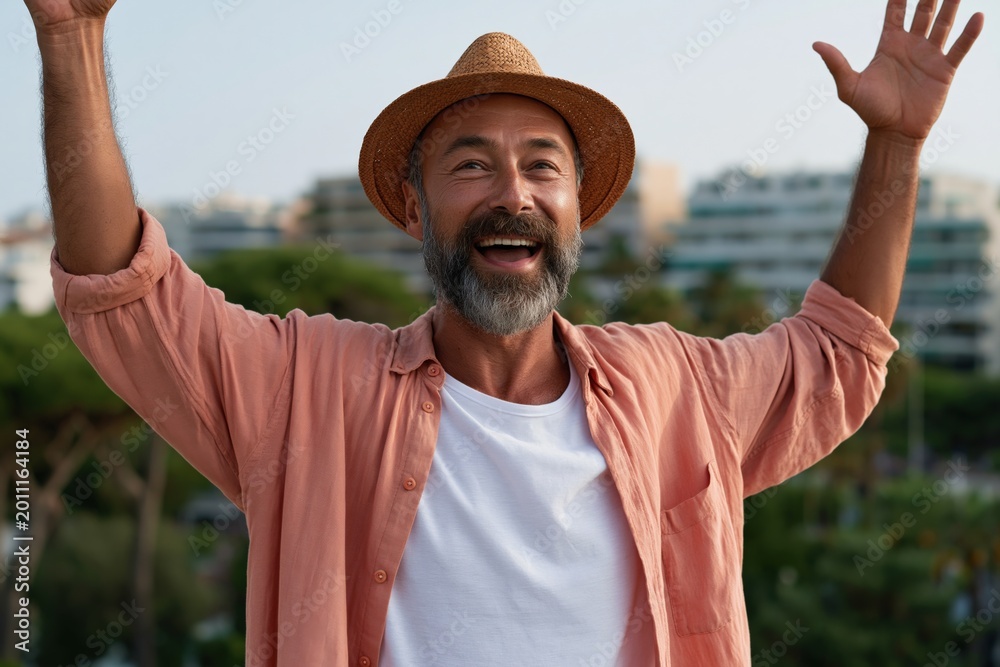 Obraz premium Man raising arms on urban terrace with city background