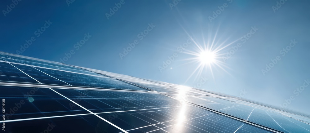 Fototapeta premium The Solar Panels Reflecting Sunlight Under a Clear Blue Sky at Horizon