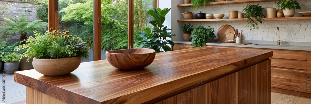 Fototapeta premium Solid wood countertop with bowls and plants by window