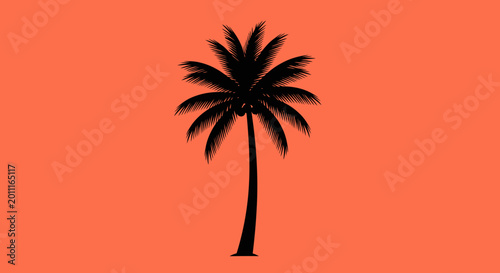 A striking black silhouette of a palm tree stands tall against a vibrant orange background, creating a minimalist tropical scene.