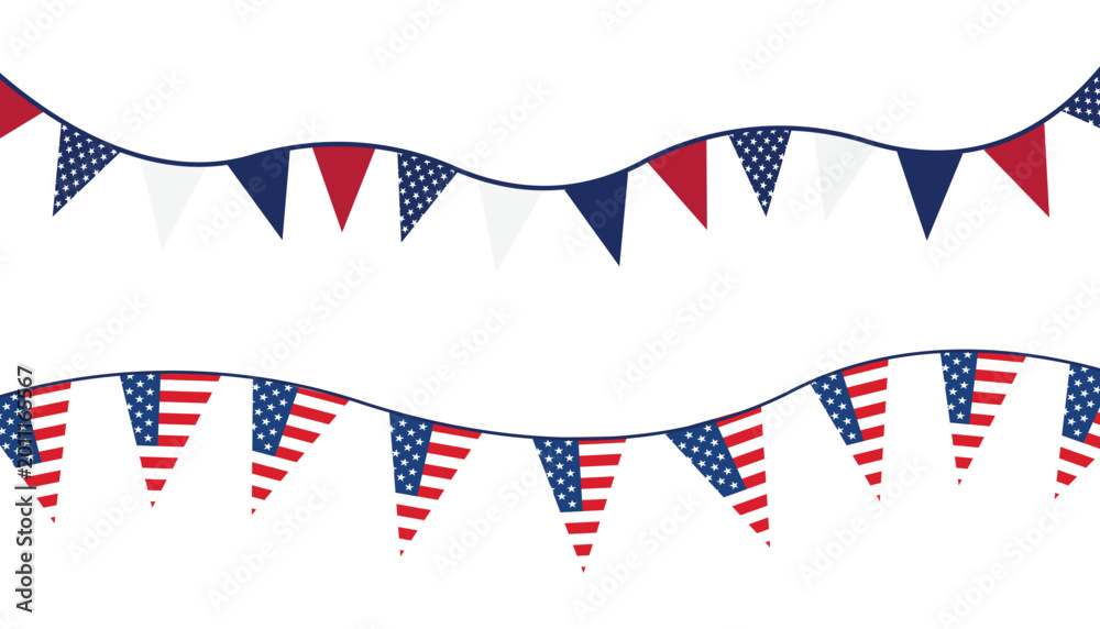 Obraz premium Curved usa bunting flag banner garland pennant set vector illustration for fourth of july patriotic decoration