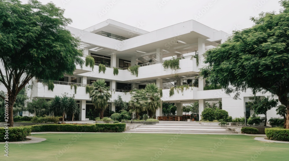 Fototapeta premium Modern architectural buildings surrounded by lush greenery and landscaped gardens in a tranquil outdoor setting