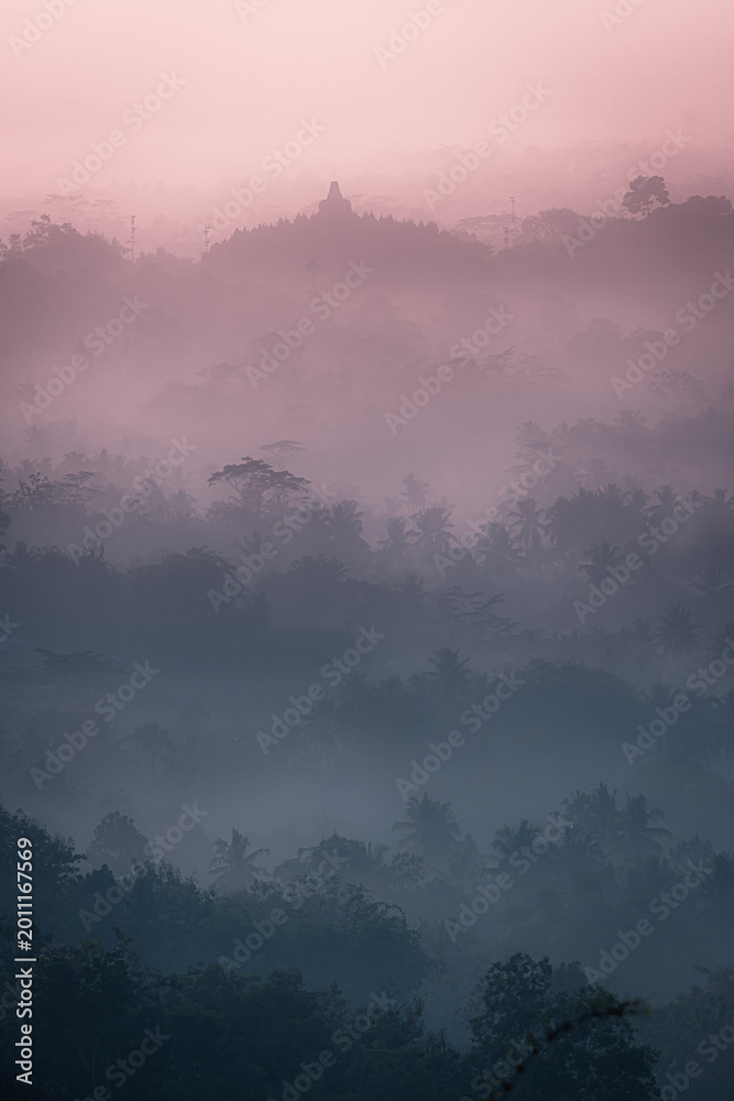 Fototapeta premium Beautiful morning Borobudur Temple From Setumbu Candi Borobudur dari Setumbu