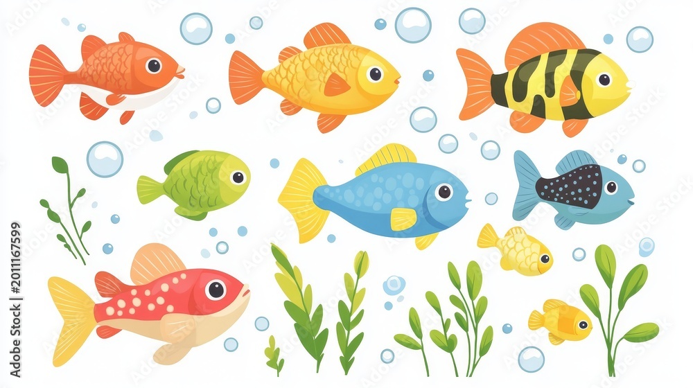 Fototapeta premium Flat style vector collection of small decorative freshwater fish, grouped with bubbles and aquatic plants on white background