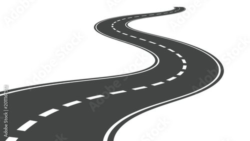 Long winding road with white dashed lines disappearing into the distance representing a journey or travel path.
