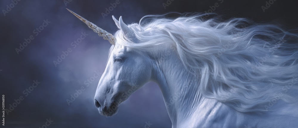 Fototapeta premium The Unicorn in a Moonlit Portrait with Flowing White Mane and Horn