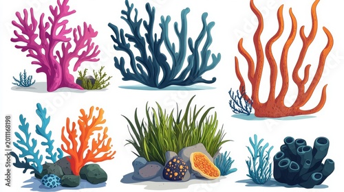 Isolated sea flora elements in cartoon style with organic flowing shapes of kelp, sea grass, coral branches and reef formations