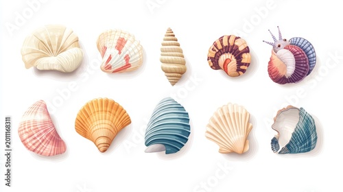 Flat vector illustration of assorted colorful sea shells and marine molluscs with clean lines and soft shadows, isolated on white