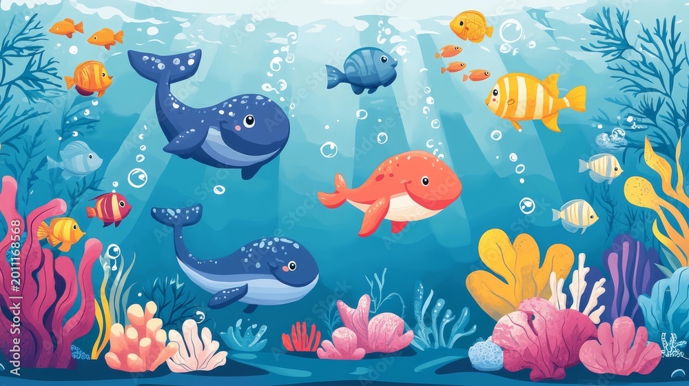 Fototapeta premium Bright and playful underwater scene in cartoon style featuring various sea creatures and ocean flora with clear outlines