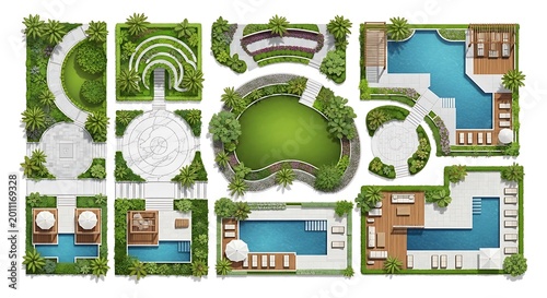 A detailed aerial master plan showing a luxury residential landscape design with multiple pools.