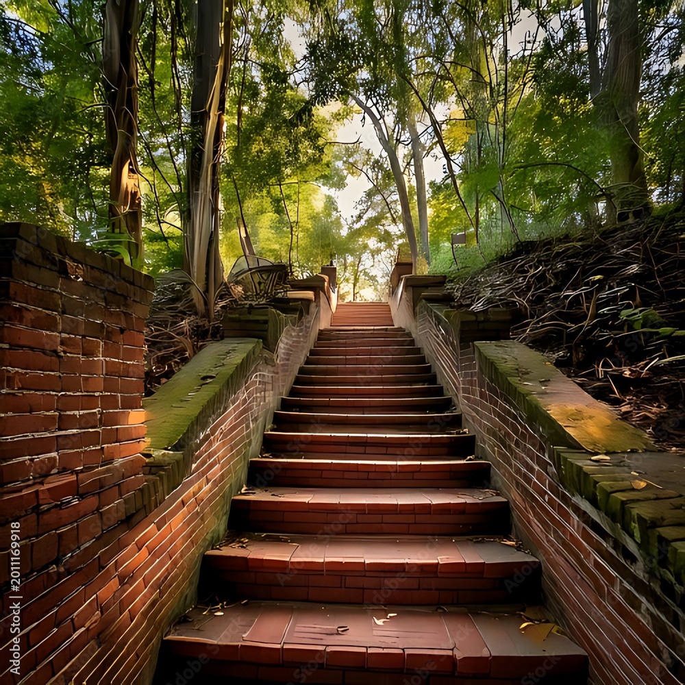Obraz premium Ascending brick stairs through lush, sun-dappled woods