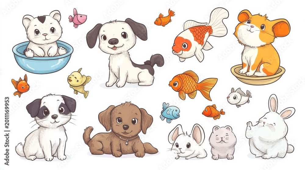 Obraz premium Cartoon doodle illustration of various pet animals including playful dogs, curious cats, fluffy rabbits, birds on perches, hamsters with wheels and goldfish in bowls, isolated on white