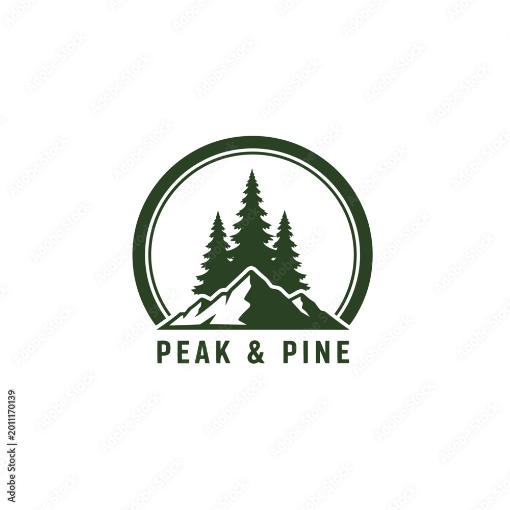 Obraz premium Peak & Pine Mountain Logo With Pine Trees, Outdoor Badge For Adventure, Camping, Hiking Brands.