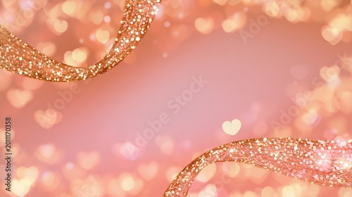 Abstract background featuring two flowing ribbons covered in sparkling rose gold glitter against a soft pink backdrop with glowing heart shaped bokeh light effects