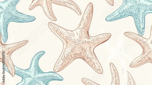 Hand drawn seamless marine pattern of charming cartoon-style starfish with subtle textures and pale beach-inspired colors