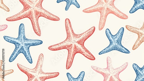 Hand drawn seamless marine pattern of charming cartoon-style starfish with subtle textures and pale beach-inspired colors