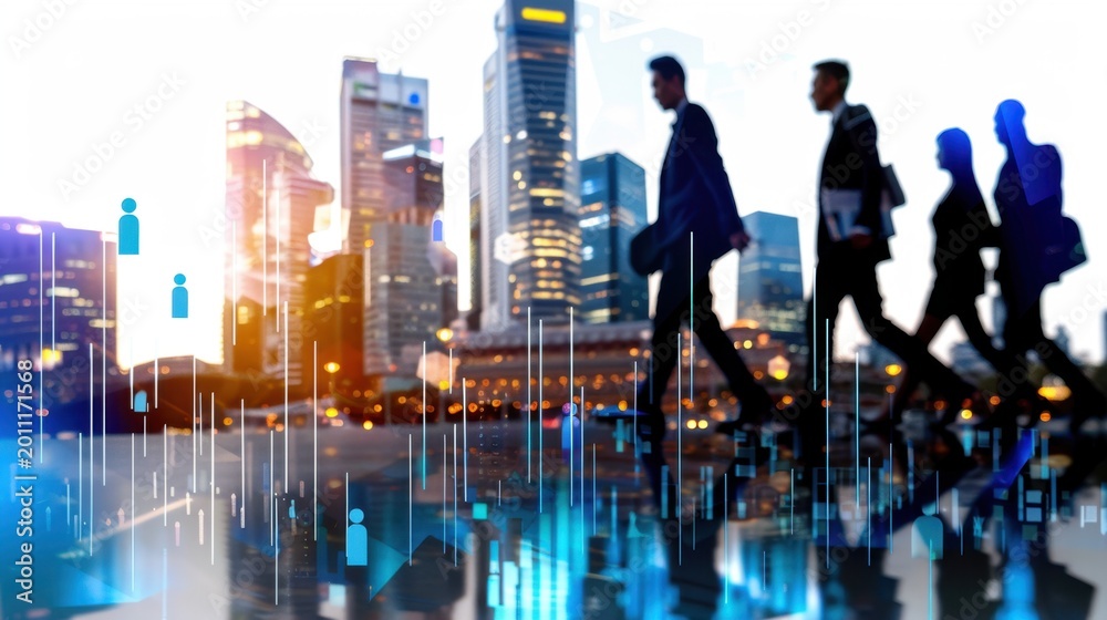Obraz premium Silhouetted Business Professionals Walking in Cityscape with Digital Overlays and Graphical Elements