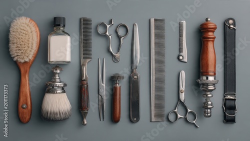 Collection of Vintage Barber Tools on Gray Background with Wooden and Metal Handles