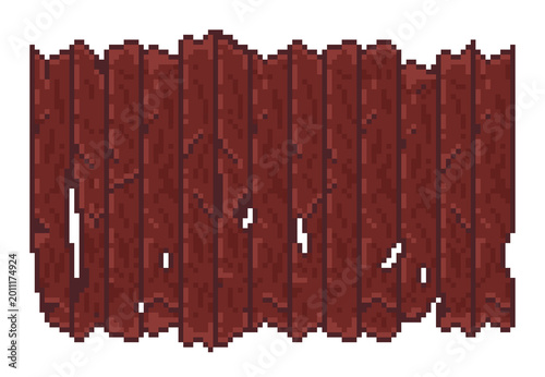 Assets for game pixel art style wooden wall or fence boards. Red wood texture for 2D platformer games. Isolated 8-bit construction elements for retro game development, building, and level design. 