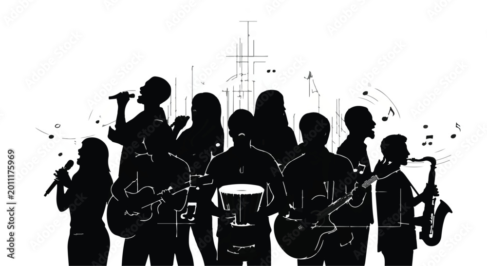 Fototapeta premium Energetic band silhouettes performing with passion and rhythm