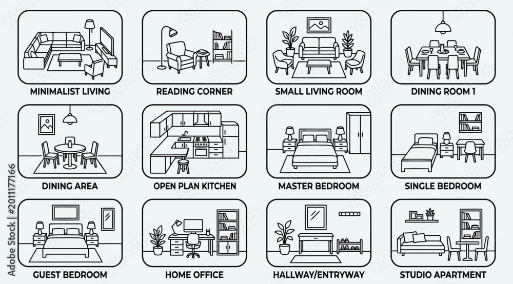 Obraz premium Set of interior room icons, minimalist line art furniture layouts for living room, bedroom, kitchen, and office